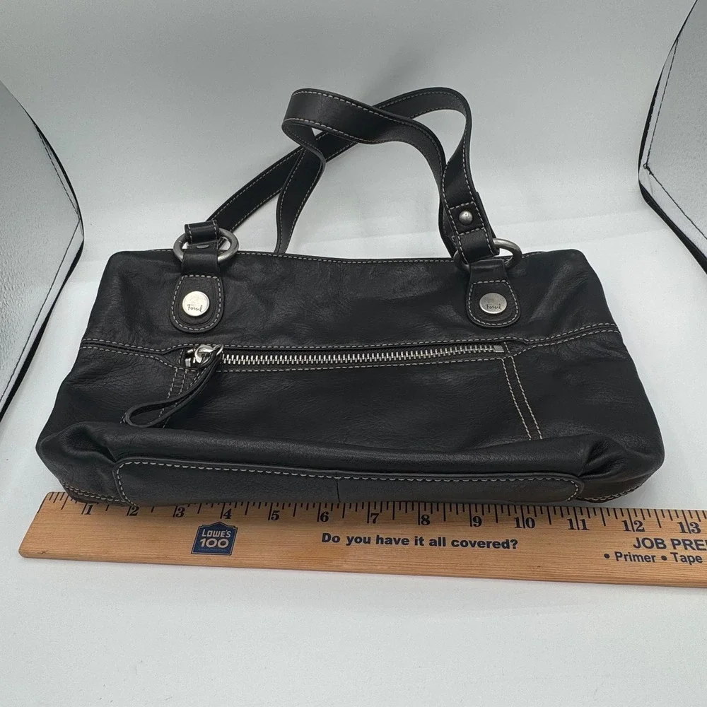 Fossil Black Pebbled Leather Shoulder Bag Contrast Stitch Hobo Purse ZB9384